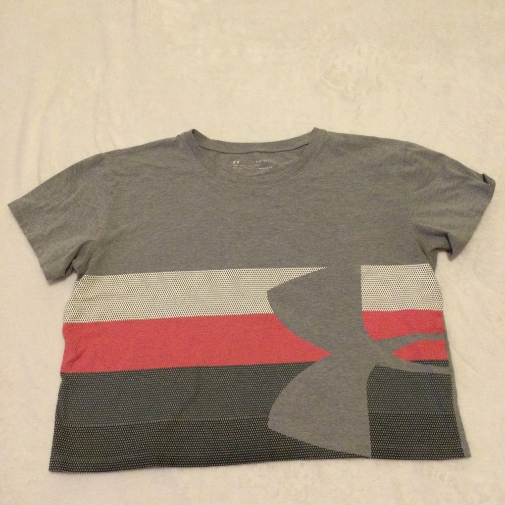 Under Armour T-Shirt Girls‎ YLG Large Grey Pink HeatGear Loose Fit Athletic Tee